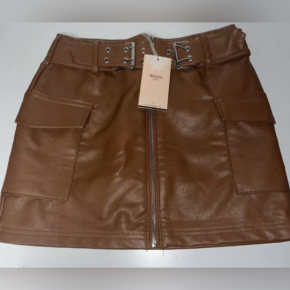 Blashe Junior's Faux Leather With Belt Mini Skirt in Coffee Brown